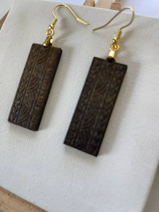 Polynesian Rectangle Drop Earrings | Laser-Engraved Dark Walnut | 2 Inch | Gold Hook