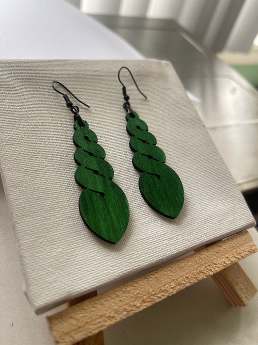 Hand-Painted Māori Pikorua Earrings | Forest Green Wood Dangle | Infinity Twist Symbol | Lightweight Gift for Her